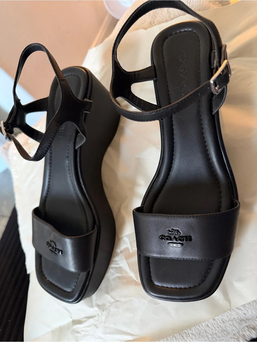 Coach Black Leather Platform Slingback Sandals